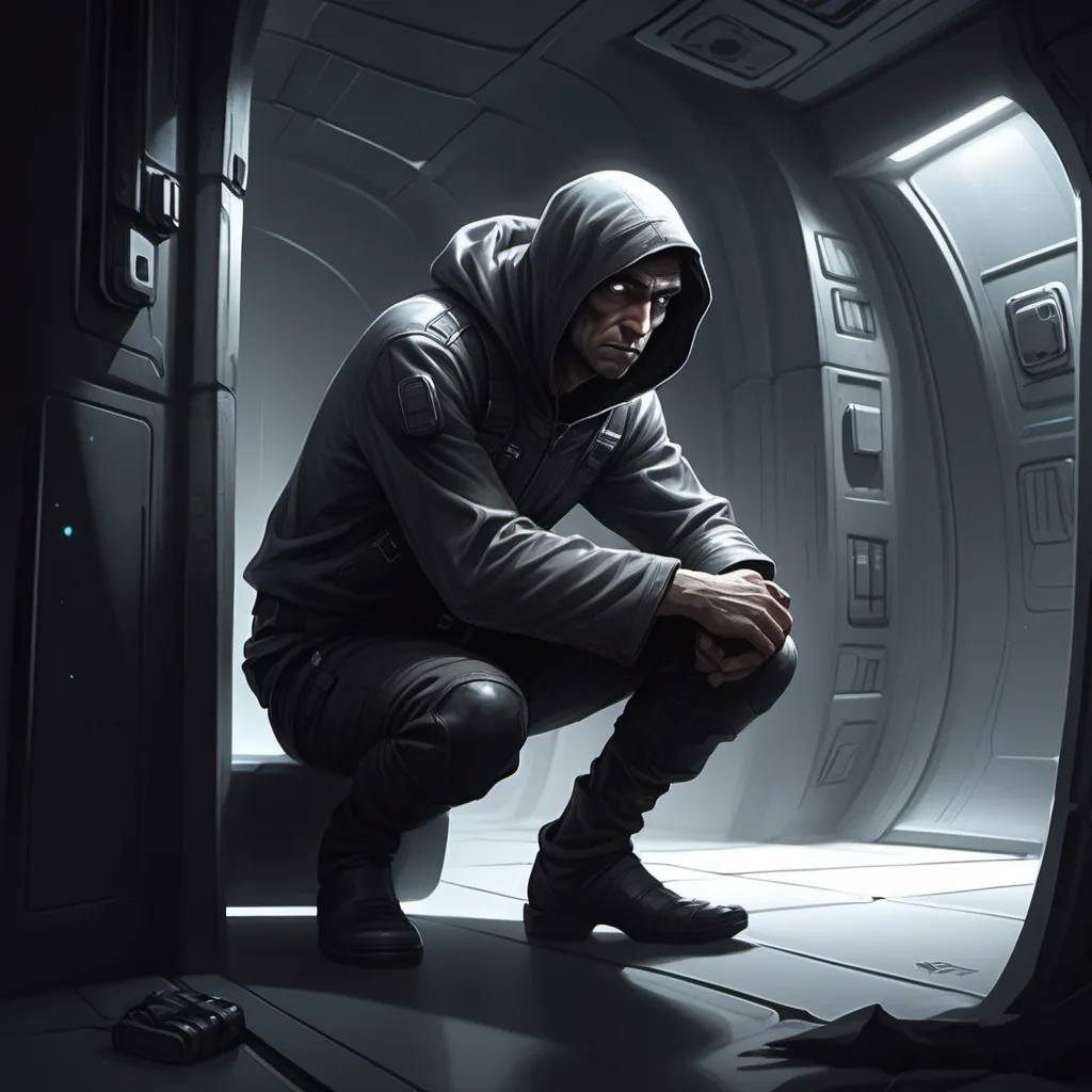 Prompt: draw a man who is sneaky, a thief, hunched back, stays in the shadows, is scared, in a space science fiction setting