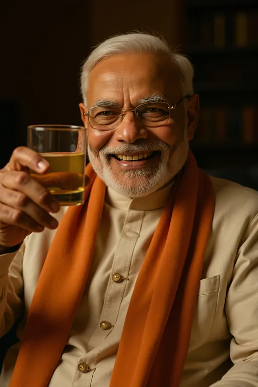 Prompt: Modi-style leader in cream kurta calmly sits on leather chair. He smiles coldly, lifts a glass of water slowly. Indian flag softly visible in background. Bright clean background. Ultra-realistic, elegant lighting, cinematic, vertical 9:16."

Camera Movement:
Slow zoom-in on face while lifting glass

Live Movement:
Right hand lifts glass
Smirks slightly with sharp eyes

Lip Movement:
Slow, deliberate: “Shanti chaile jihad bondho koro.”