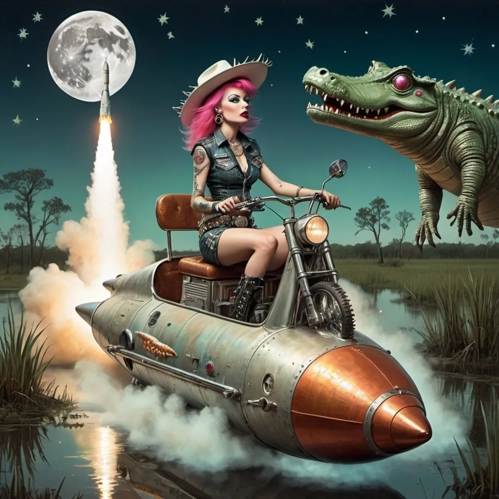 Prompt: Hot punk rock cowgirl in a vintage rocket headed towards the moon leaving a swamp of iridescent crocodiles 
