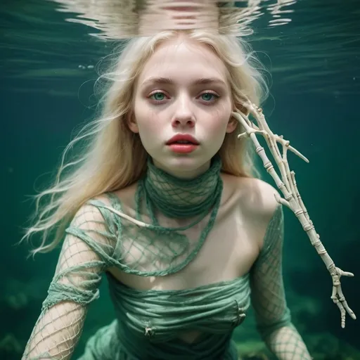 Prompt: In cloths made of old fishing nets, fish bones, sailors lost tobacco pipes. The beautiful pale girl swam in the cold clean green ocean deep in the sea