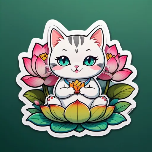 Prompt: (kawaii cartoon cat), big clear eyes, (Boddhisatva pose), meditating, floating above a lotus flower, vibrant colors, cheerful ambiance, soft lighting, whimsical character design, intricate floral details, 4K ultra-detailed, serene background, tranquil atmosphere, emphasizing cuteness and spirituality, playful yet calming vibe.