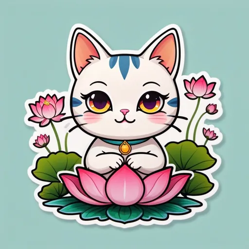 Prompt: (kawaii cartoon cat), big clear eyes, (Boddhisatva pose), meditating, floating above a lotus flower, vibrant colors, cheerful ambiance, soft lighting, whimsical character design, intricate floral details, 4K ultra-detailed, serene background, tranquil atmosphere, emphasizing cuteness and spirituality, playful yet calming vibe.