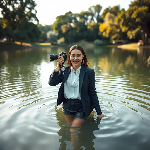 Prompt: (Woman waist-deep in water), (elegant business outfit), (profesional camera), photographer capturing pictures of lake, serene lake in a public park, vibrant greenery surrounding, calming reflections on the water surface, BUSINESS OUTFIT WET FROM WATER. wetlook. soft and muted color tones, warm sunlight filtering through trees, cheerful ambiance, ultra-detailed, high-quality image, dramatic depth, wildlife focus, showcasing interaction with nature, harmonious blend of fashion and landscape.