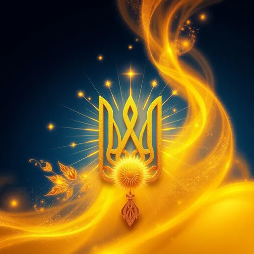 Prompt: powerful symbolic representation of Ukraine, (Ukrainian tryzub), ethereal gold elements, striking contrast against a deep blue backdrop, evokes national pride, cultural richness, radiant centerpiece, conveys unity and strength, warm and uplifting ambiance, golden shimmer, high detail, vibrant colors, HD quality, artistic blend of tradition and modernity.