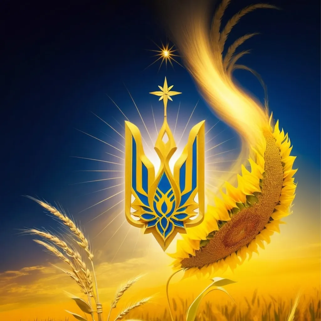 Prompt: In the heart of the Ukraine countryside, nestled amongst vast fields of wheat and golden sunflowers, stands a regal monument to the nation's proud history and enduring spirit. It is a symbolic masterpiece that radiates strength and unity, a beacon that ignites national pride and cultural richness. This powerful symbol, known as the Ukrainian Tryzub, takes centerstage in our artistic vision, an ethereal representation of the country's deep-seated faith, tradition, and modernity.