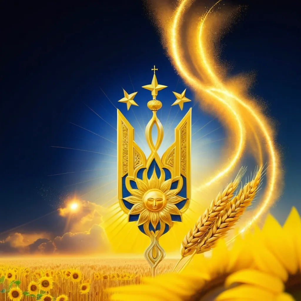 Prompt: In the heart of the Ukraine countryside, nestled amongst vast fields of wheat and golden sunflowers, stands a regal monument to the nation's proud history and enduring spirit. It is a symbolic masterpiece that radiates strength and unity, a beacon that ignites national pride and cultural richness. This powerful symbol, known as the Ukrainian Tryzub, takes centerstage in our artistic vision, an ethereal representation of the country's deep-seated faith, tradition, and modernity.