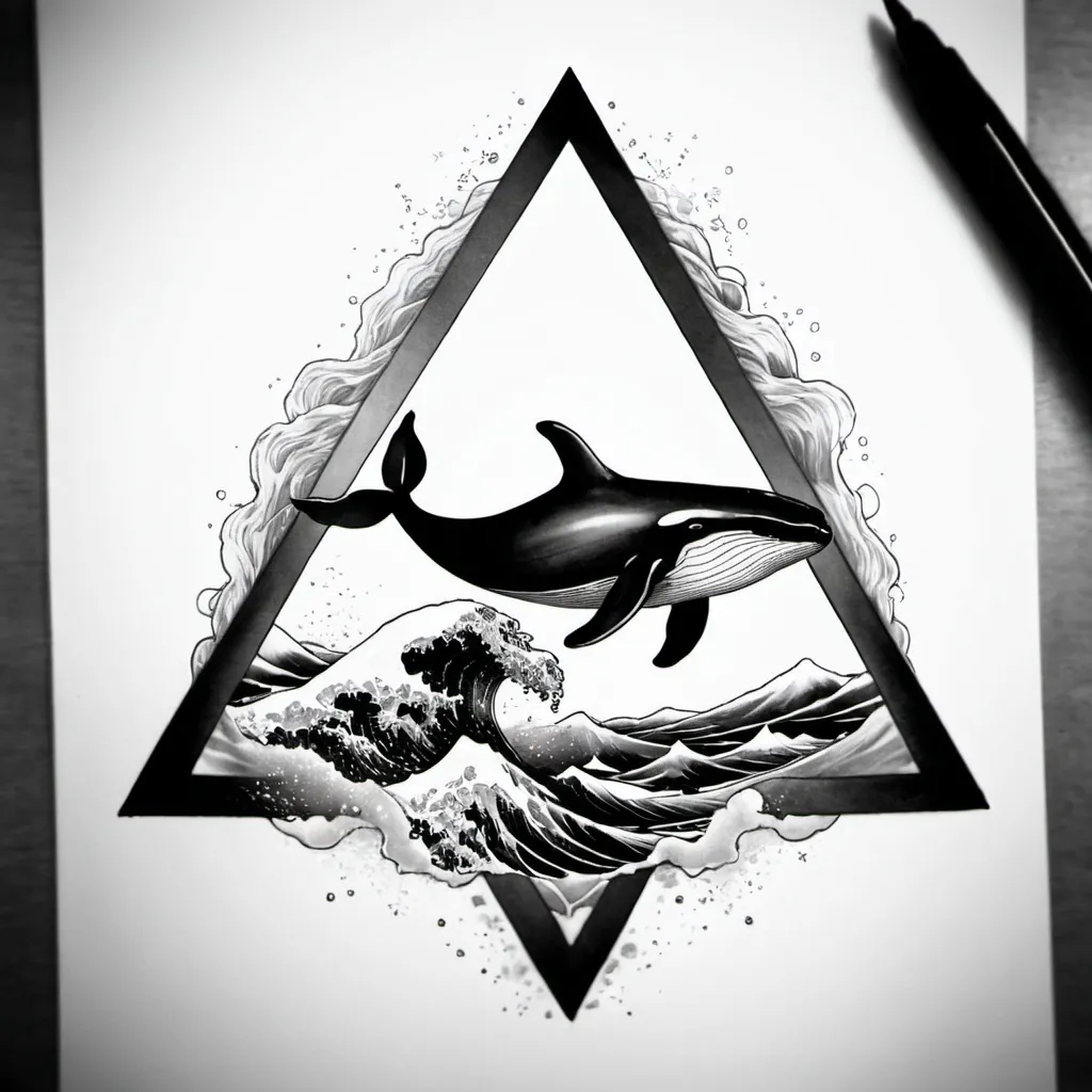 Prompt: wave whale  triangle tattoo design 