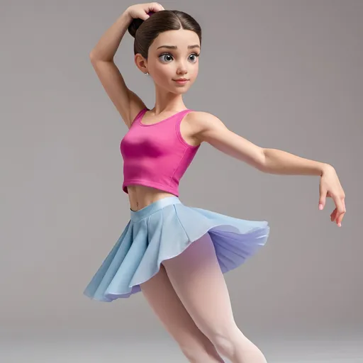 Prompt: An animated teenage girl who had brown brunette hair tied to a ponytail tail and she was wearing a hot pink round neck crop top, lavender plated skirt finished with pale blue Mary Jane shoes doing ballet.