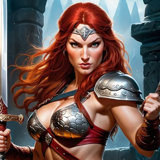 Prompt: Creating a vivid depiction in a hyper-realistic style, envision a powerful portrayal of Red Sonja brandishing her sword. This rendition captures the essence of a legendary fantasy character, meticulously crafted with intricate detail and set in a warm, inviting tone suitable for realms of imagination and adventure like Dungeons and Dragons (DnD).