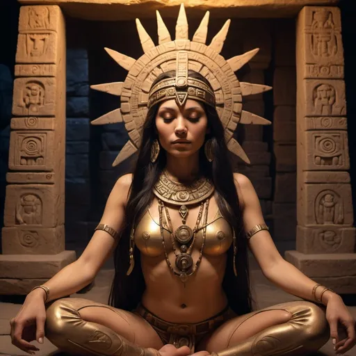 Prompt: An ageless Atlantean priestess in a meditative pose, seated in the sacred chamber of a grand Aztec pyramid at night. Her flowing dark hair frames her serene face, with closed eyes reflecting deep wisdom. The chamber features intricate Aztec stone carvings, including the famous sun stone, which adds to the mystical ambiance. Surrounding her are holographic sketches of a cataclysm, glowing in old-gold hues. The atmosphere is rich with ancient energy, with shadows enhancing the dreamlike quality. The color palette is dark and muted, creating a tranquil yet powerful scene that embodies the essence of divine femininity and the wisdom of her heritage.