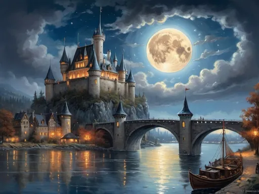 Prompt: a painting of a castle with a full moon in the background and a painting of a full moon in the background, Anato Finnstark, fantasy art, kinkade, an ultrafine detailed painting - aircraft, bridge, building, burning, city, city lights, cityscape, clock, explosion, fire, gate, no humans, planet, scenery, tower, water, watercraft