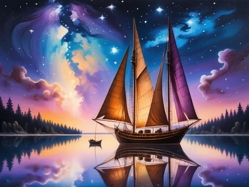 Prompt: Surreal painting: two wooden sailing ships on calm water under a starry Milky Way. Left ship closer, warm amber glow. Both ships have raised sails, silhouettes against low light. Water reflects ships, stars, Milky Way. Sky filled with stars, clouds in blue, white, pink, purple. Soft amber gradient on horizon. Peaceful, mystical mood. Dark/glowing contrast. Midnight blue, cosmic blue, amber yellow, soft pink, lavender palette.