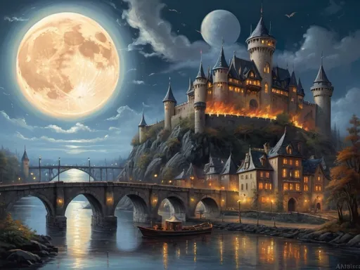 Prompt: a painting of a castle with a full moon in the background and a painting of a full moon in the background, Anato Finnstark, fantasy art, kinkade, an ultrafine detailed painting - aircraft, bridge, building, burning, city, city lights, cityscape, clock, explosion, fire, gate, no humans, planet, scenery, tower, water, watercraft