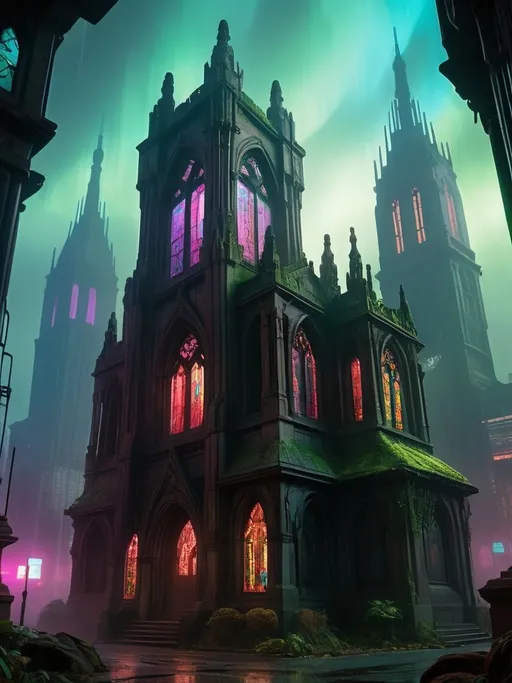 Prompt: [(cyberpunk cathedral:1.5)::5] in the (blade runner style:1.5) with (intricate stained glass windows:1.4),
Towering spires and intricate graves in a lush, cemetery, with atmospheric lighting casting vibrant shadows, creating a serene, melancholic feel. Focus on stone's textures against a picturesque sky in ultra-detailed resolution. Embrace a cyberpunk style with a dark, cool palette and neon highlights. Blend futuristic elements with gritty realism, emphasizing textures, dynamic lighting, and high contrast for an immersive scene featuring characters, objects, or settings.