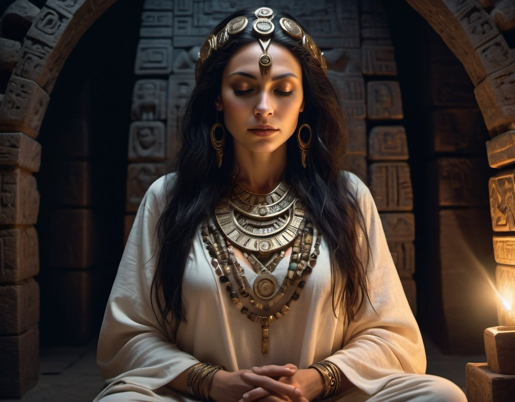 Prompt: An ageless Atlantean priestess in a meditative pose, seated in the sacred chamber of a grand Aztec pyramid at night. Her flowing dark hair frames her serene face, with closed eyes reflecting deep wisdom. The chamber features intricate Aztec stone carvings, including the famous sun stone, which adds to the mystical ambiance. Surrounding her are holographic sketches of a cataclysm, glowing in old-gold hues. The atmosphere is rich with ancient energy, with shadows enhancing the dreamlike quality. The color palette is dark and muted, creating a tranquil yet powerful scene that embodies the essence of divine femininity and the wisdom of her heritage.