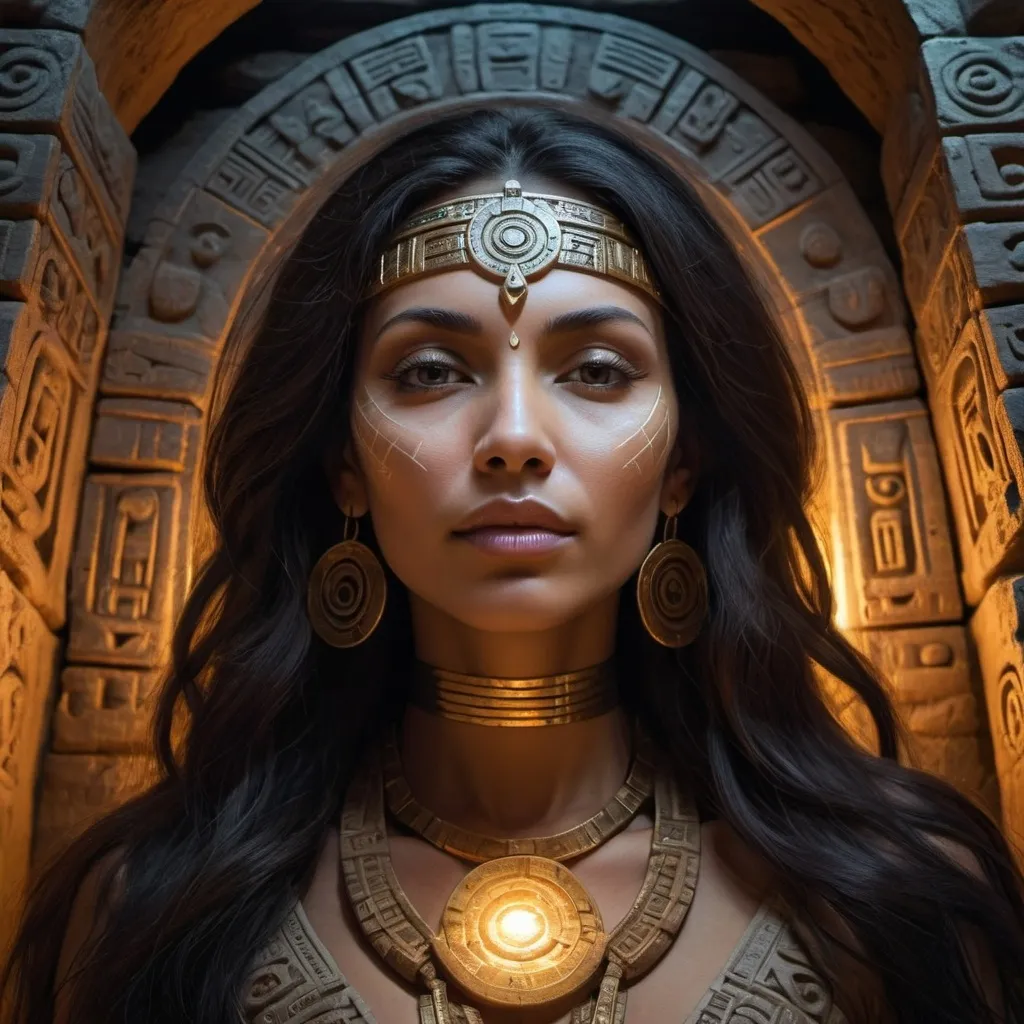 Prompt: An ageless Atlantean priestess in a meditative pose, seated in the sacred chamber of a grand Aztec pyramid at night. Her flowing dark hair frames her serene face, with closed eyes reflecting deep wisdom. The chamber features intricate Aztec stone carvings, including the famous sun stone, which adds to the mystical ambiance. Surrounding her are holographic sketches of a cataclysm, glowing in old-gold hues. The atmosphere is rich with ancient energy, with shadows enhancing the dreamlike quality. The color palette is dark and muted, creating a tranquil yet powerful scene that embodies the essence of divine femininity and the wisdom of her heritage.