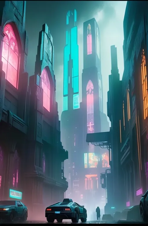 Prompt: [(cyberpunk cathedral:1.5)::5] in the (blade runner style:1.5) with (intricate stained glass windows:1.4),
Towering spires and intricate graves in a lush, cemetery, with atmospheric lighting casting vibrant shadows, creating a serene, melancholic feel. Focus on stone's textures against a picturesque sky in ultra-detailed resolution. Embrace a cyberpunk style with a dark, cool palette and neon highlights. Blend futuristic elements with gritty realism, emphasizing textures, dynamic lighting, and high contrast for an immersive scene featuring characters, objects, or settings.