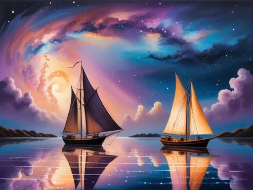 Prompt: Surreal painting: two wooden sailing ships on calm water under a starry Milky Way. Left ship closer, warm amber glow. Both ships have raised sails, silhouettes against low light. Water reflects ships, stars, Milky Way. Sky filled with stars, clouds in blue, white, pink, purple. Soft amber gradient on horizon. Peaceful, mystical mood. Dark/glowing contrast. Midnight blue, cosmic blue, amber yellow, soft pink, lavender palette.