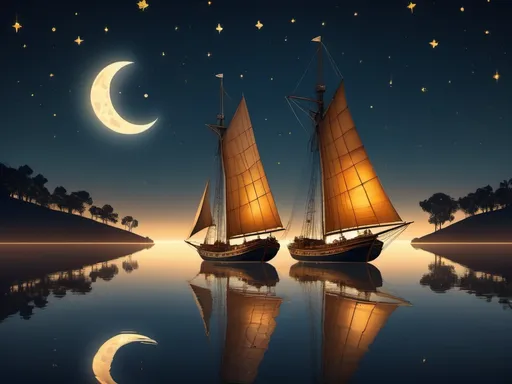 Prompt: Digital artwork depicting a tranquil night scene with two wooden sailing ships floating on a calm, reflective body of water under a starry sky. The ship on the left is closer to the viewer, its illuminated interior casting a warm amber glow that contrasts with the dark surroundings. Both ships have their sails fully raised, showcasing intricate details of masts and rigging, appearing as dark silhouettes in low light. The water below mirrors the ships, stars, and the prominent Milky Way, adding depth to the serene scene. The sky is filled with countless stars, with clouds of blue, white, pink, and purple hues stretching diagonally. The horizon features a soft gradient of amber yellow, suggesting a distant sunrise or sunset, transitioning from deep midnight blue to lighter shades. The overall mood is peaceful and mystical, with high contrast between dark elements and glowing highlights, and a color palette of midnight blue, cosmic blue, amber yellow, soft pink, and lavender, creating a visually stunning composition that evokes timeless beauty and serenity