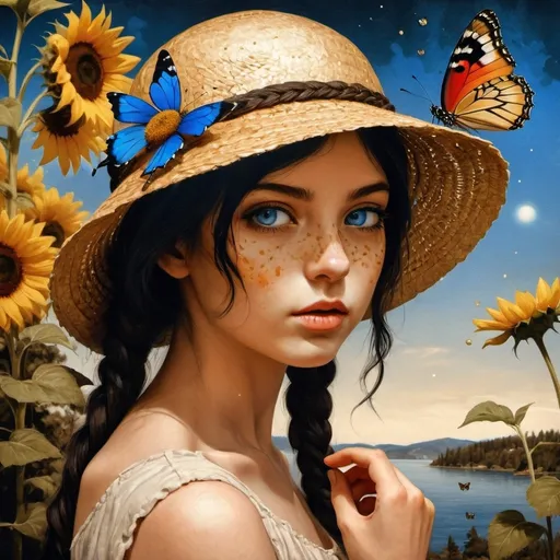 Prompt: a painting of a girl with a butterfly on her hand and a blue eyeshade on her head, Brad Kunkle, fantasy art, highly detailed digital painting, a photorealistic painting - 1girl, artist name, black hair, blue butterfly, blue eyes, braid, bug, butterfly, butterfly on hand, flower, freckles, hat, lips, signature, solo, straw hat, sunflower, yellow butterfly