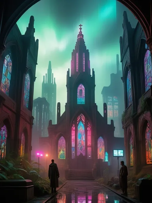 Prompt: [(cyberpunk cathedral:1.5)::5] in the (blade runner style:1.5) with (intricate stained glass windows:1.4),
Towering spires and intricate graves in a lush, cemetery, with atmospheric lighting casting vibrant shadows, creating a serene, melancholic feel. Focus on stone's textures against a picturesque sky in ultra-detailed resolution. Embrace a cyberpunk style with a dark, cool palette and neon highlights. Blend futuristic elements with gritty realism, emphasizing textures, dynamic lighting, and high contrast for an immersive scene featuring characters, objects, or settings.