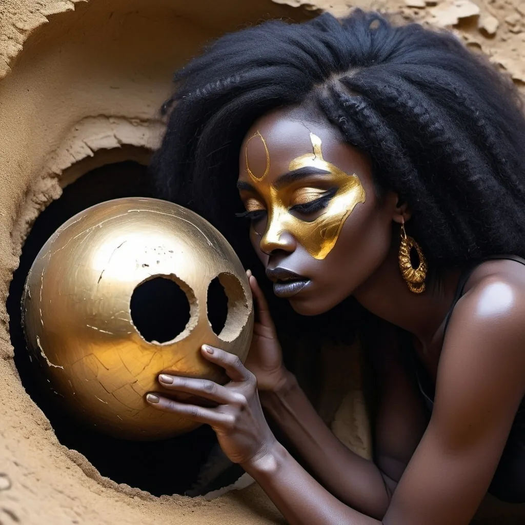 Prompt: a woman with a gold face paint and black hair is looking into a hole in the ground with a gold ball in it, Chinwe Chukwuogo-Roy, afrofuturism, dark fantasy art, a bronze sculpture