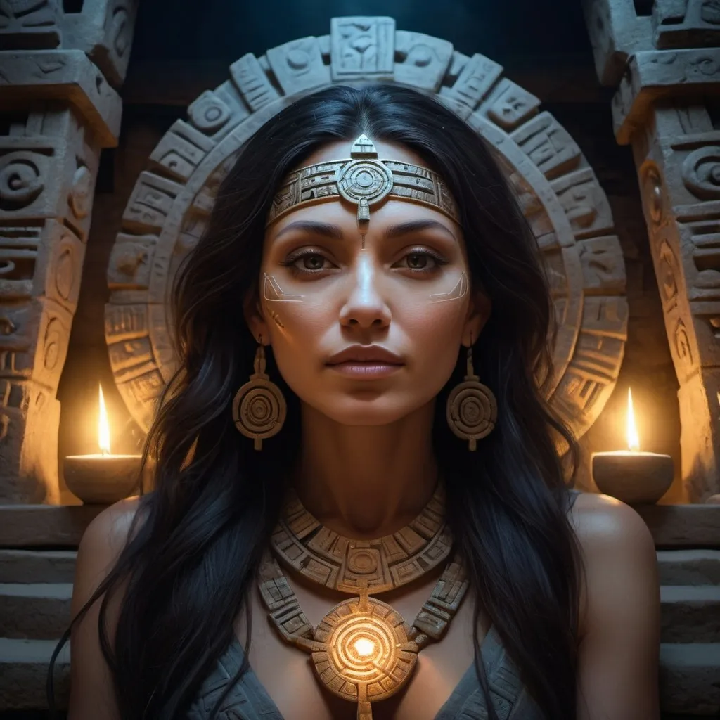 Prompt: An ageless Atlantean priestess in a meditative pose, seated in the sacred chamber of a grand Aztec pyramid at night. Her flowing dark hair frames her serene face, with closed eyes reflecting deep wisdom. The chamber features intricate Aztec stone carvings, including the famous sun stone, which adds to the mystical ambiance. Surrounding her are holographic sketches of a cataclysm, glowing in old-gold hues. The atmosphere is rich with ancient energy, with shadows enhancing the dreamlike quality. The color palette is dark and muted, creating a tranquil yet powerful scene that embodies the essence of divine femininity and the wisdom of her heritage.