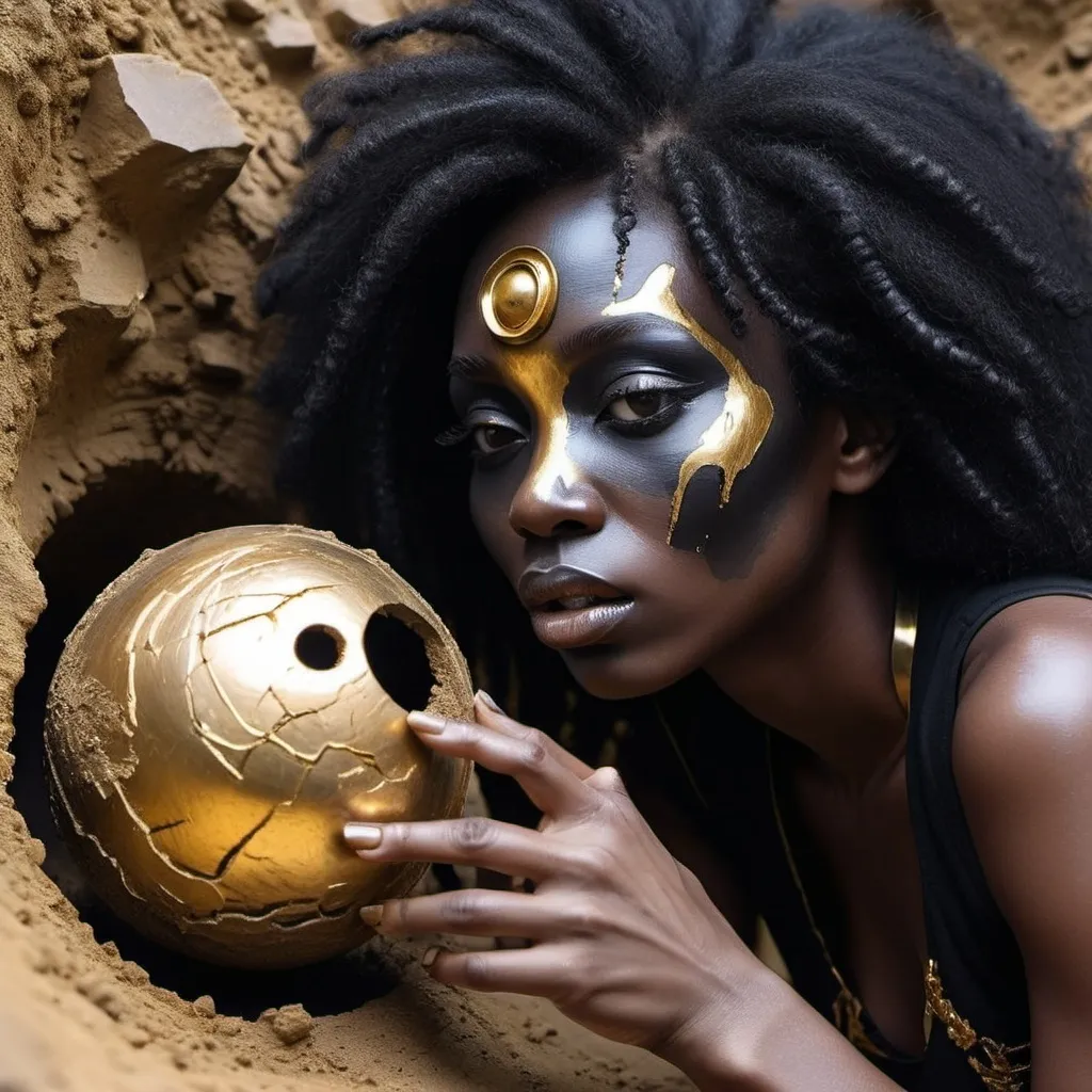 Prompt: a woman with a gold face paint and black hair is looking into a hole in the ground with a gold ball in it, Chinwe Chukwuogo-Roy, afrofuturism, dark fantasy art, a bronze sculpture