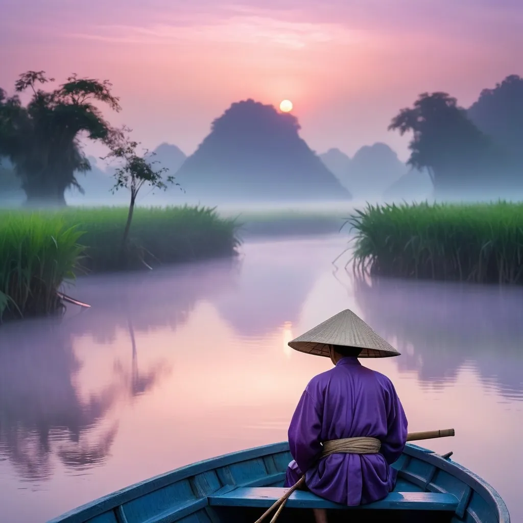 Prompt: A surreal close-up portrait of a Vietnamese fisherman: A serene fishing scene at dawn on a misty river shows a lone fisherman in a blue and purple boat, wearing a conical hat and robe. The water shimmers in soft purples, pinks and blues, giving the image a dreamlike quality. Lush foliage lines the riverbank, enhanced by mist, while gentle hills rise in the background. The silhouettes of two distant boats suggest calm activity, all rendered in extreme detail, capturing the surreal atmosphere of early morning light.