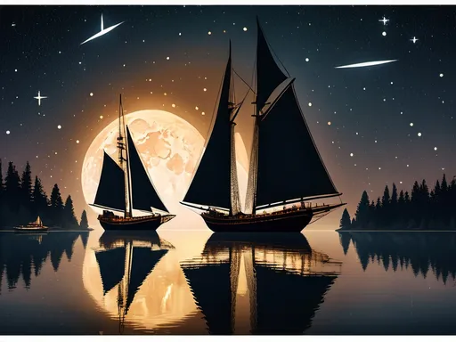 Prompt: Digital artwork depicting a tranquil night scene with two wooden sailing ships floating on a calm, reflective body of water under a starry sky. The ship on the left is closer to the viewer, its illuminated interior casting a warm amber glow that contrasts with the dark surroundings. Both ships have their sails fully raised, showcasing intricate details of masts and rigging, appearing as dark silhouettes in low light. The water below mirrors the ships, stars, and the prominent Milky Way, adding depth to the serene scene. The sky is filled with countless stars, with clouds of blue, white, pink, and purple hues stretching diagonally. The horizon features a soft gradient of amber yellow, suggesting a distant sunrise or sunset, transitioning from deep midnight blue to lighter shades. The overall mood is peaceful and mystical, with high contrast between dark elements and glowing highlights, and a color palette of midnight blue, cosmic blue, amber yellow, soft pink, and lavender, creating a visually stunning composition that evokes timeless beauty and serenity