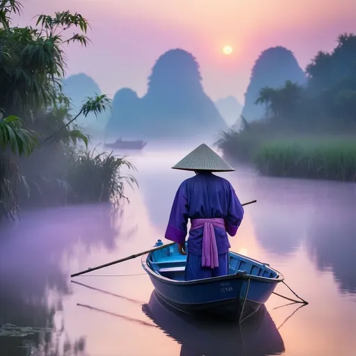 Prompt: A surreal close-up portrait of a Vietnamese fisherman: A serene fishing scene at dawn on a misty river shows a lone fisherman in a blue and purple boat, wearing a conical hat and robe. The water shimmers in soft purples, pinks and blues, giving the image a dreamlike quality. Lush foliage lines the riverbank, enhanced by mist, while gentle hills rise in the background. The silhouettes of two distant boats suggest calm activity, all rendered in extreme detail, capturing the surreal atmosphere of early morning light.