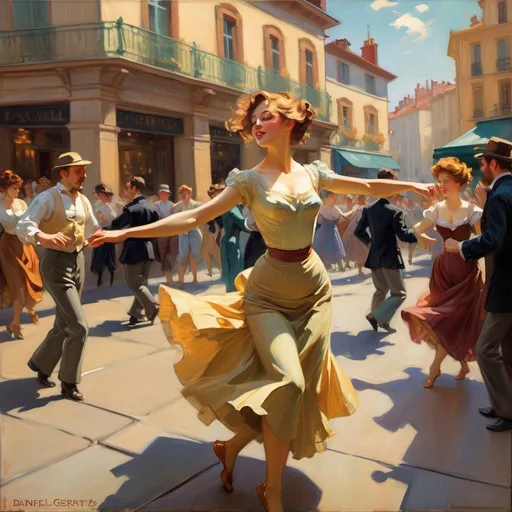 Prompt: a painting of a woman dancing in a street with other people in the background and a building in the background, Daniel F. Gerhartz, figurative art, impressionist painting, an oil painting
- to emulate Toulouse-Lautrec's poster style, apply a graphic design filter that emphasizes bold lines and minimal detail for immediate visual impact. Create a clear focal point featuring a performer or dancer, surrounded by simplified silhouettes to enhance depth while maintaining clarity. Utilize negative space effectively, leaving parts of the composition unprinted to mimic stage lighting effects and draw attention to key elements. Integrate text and image cohesively, ensuring that the design communicates excitement and immediacy reflective of Parisian nightlife. The overall composition should convey a sense of modernity and innovation in graphic design, highlighting Lautrec's influence on advertising art while capturing the essence of the vibrant cultural scene he depicted.
1girl, animal, city, fire, flower