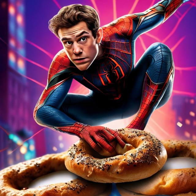 Prompt: Make a normal movie poster of Spider-man eating a bagel that Disney Pixar would make