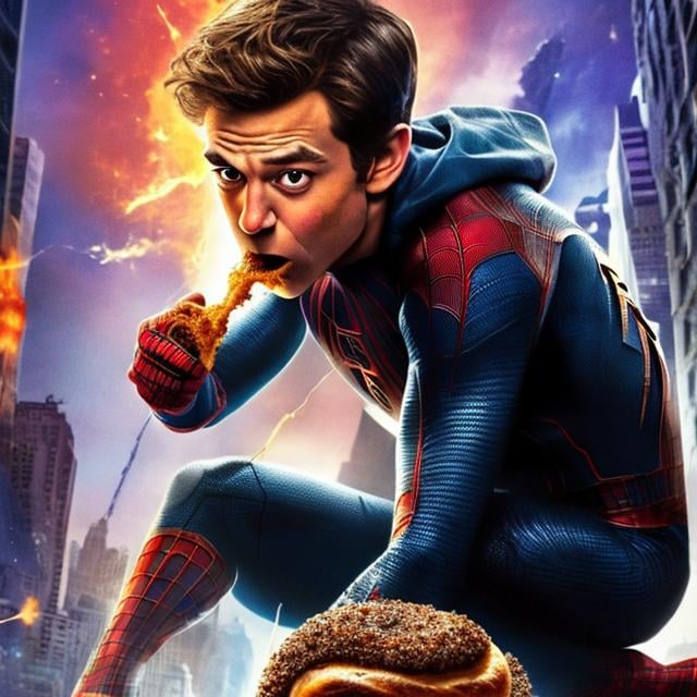 Prompt: Make a normal movie poster of Spider-man eating a bagel that Disney Pixar would make