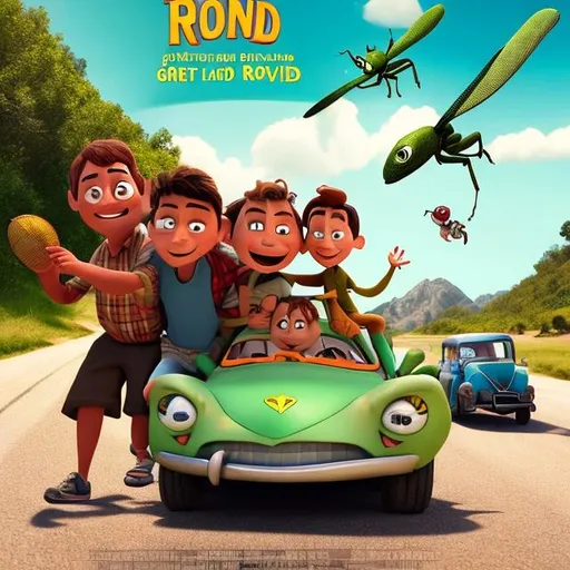 Prompt: Make a funny movie poster about Cricket Green and his family going on a long road trip that Disney Pixar would make