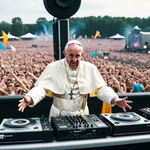 Prompt: Show pope Franziskus II as a dj pope in front of a crowd at tomorrowland