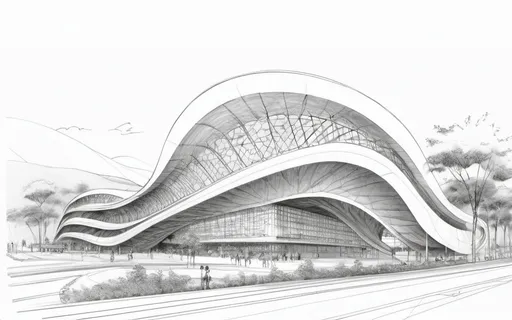 Prompt: Create a hand-drawn architectural sketch of the Taipei Cultural Center Station in Taiwan, designed by Toyo Ito in 2004. The sketch should emulate the style of an architect's pencil drawing, similar to the reference image provided. Use dynamic and expressive lines to capture the modern and innovative design of the station, focusing on its flowing curves, structural elements, and the interaction between the building and its surroundings. The shading should be done through cross-hatching, emphasizing depth and volume, with some background elements like trees or adjacent structures lightly sketched to provide context