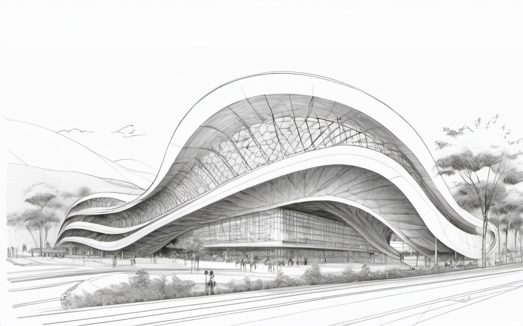 Prompt: Create a hand-drawn architectural sketch of the Taipei Cultural Center Station in Taiwan, designed by Toyo Ito in 2004. The sketch should emulate the style of an architect's pencil drawing, similar to the reference image provided. Use dynamic and expressive lines to capture the modern and innovative design of the station, focusing on its flowing curves, structural elements, and the interaction between the building and its surroundings. The shading should be done through cross-hatching, emphasizing depth and volume, with some background elements like trees or adjacent structures lightly sketched to provide context