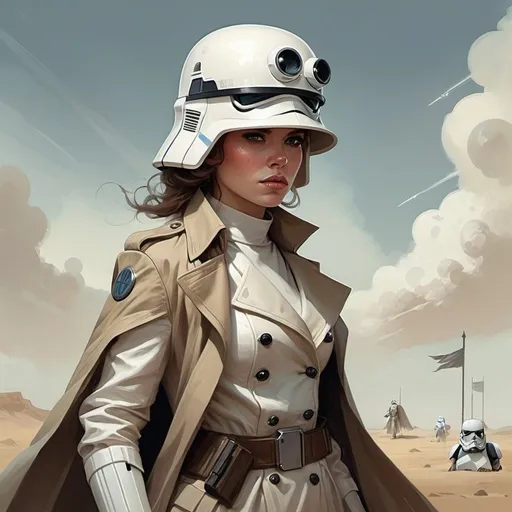 Prompt: A female stormtrooper from Star Wars with a trench coat and commander hat. art by peter mohrbacher
