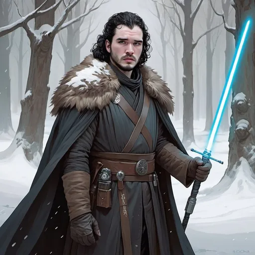 Prompt: John Snow from Game Of Thrones wearing Jedi clothing from Star Wars, art by peter mohrbacher