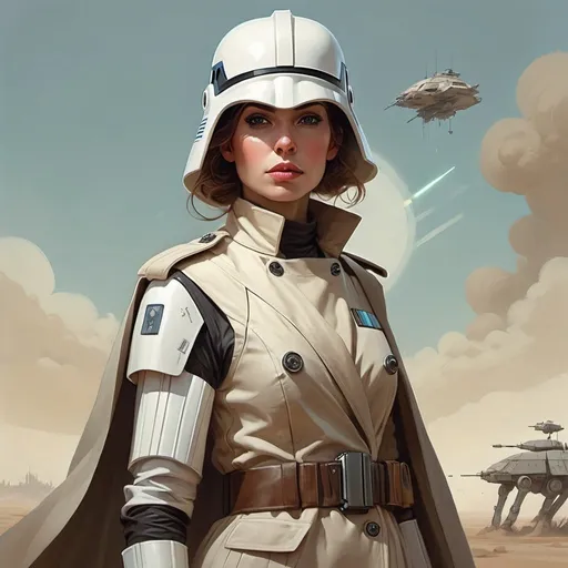 Prompt: A portrait of a female stormtrooper from Star Wars with a trench coat. art by peter mohrbacher

