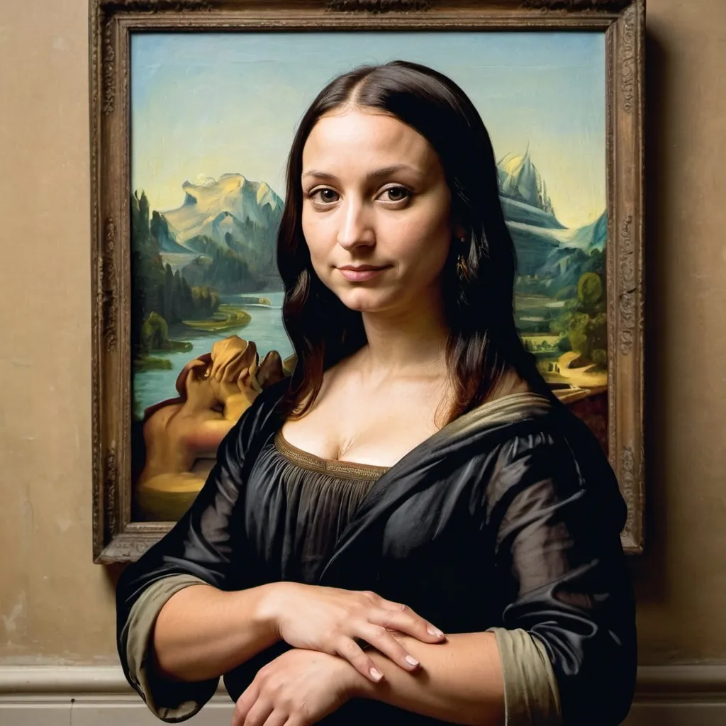 Prompt: self portrait with women crossing her hands and Mona Lisa painting background 
