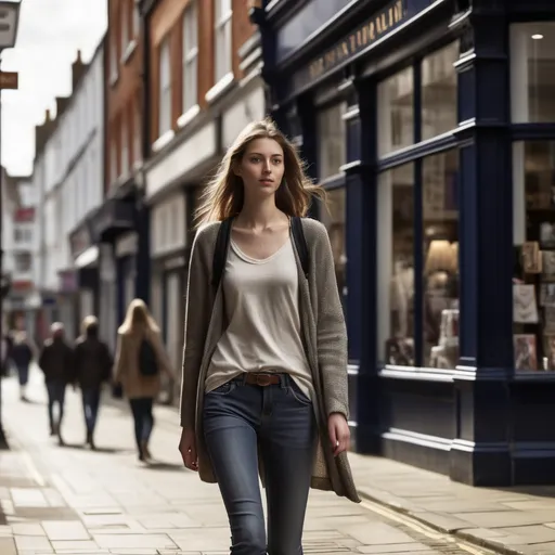 Prompt: Tall young woman walking down the high street, detailed clothing, realistic, natural lighting
