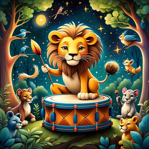 Prompt: (lion playing a drum), whimsical forest setting, surrounded by various enchanting animals, starry night sky shimmering above, (storybook illustration), vibrant colors, magical atmosphere, lush greenery, dynamic and joyful expression, intricate details of foliage, captivating charm, fantasy-inspired, high quality, artistic style of Chris LaBrooy, imaginative and playful composition.