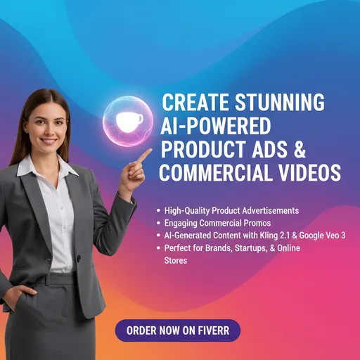 Prompt: A professional promotional digital ad in square format for Instagram/Facebook. A confident business professional is shown smiling and pointing toward a product. Clean, modern background in a vibrant gradient color that fits well with marketing design. On the right side, bold, easy-to-read text highlights service features: “Create Stunning AI-Powered Product Ads & Commercial Videos,” with bullet points for benefits such as high-quality product advertisements, engaging commercial promos, AI-generated content with Kling 2.1 & Google Veo 3, and perfect for brands, startups, and online stores. At the bottom, a clear call-to-action button says: “Order Now on Fiverr.” Minimalist, sleek, and eye-catching design for social media ads.