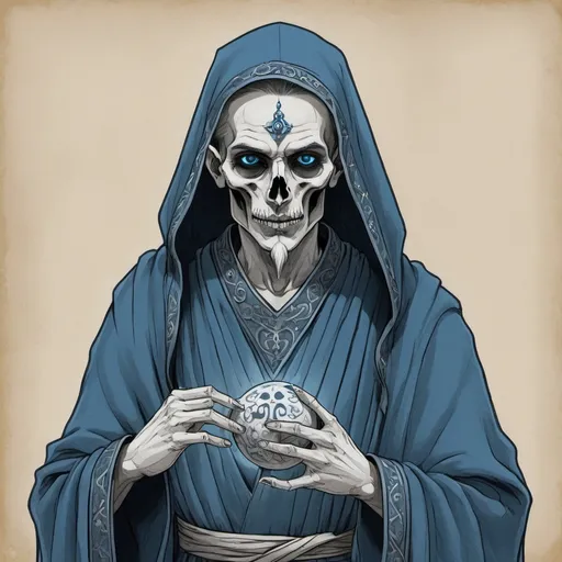 Prompt: Create a simple hand-drawing of a necromancer in 10th century persian drawing style. The person is wearing a dark skye-blue robe.