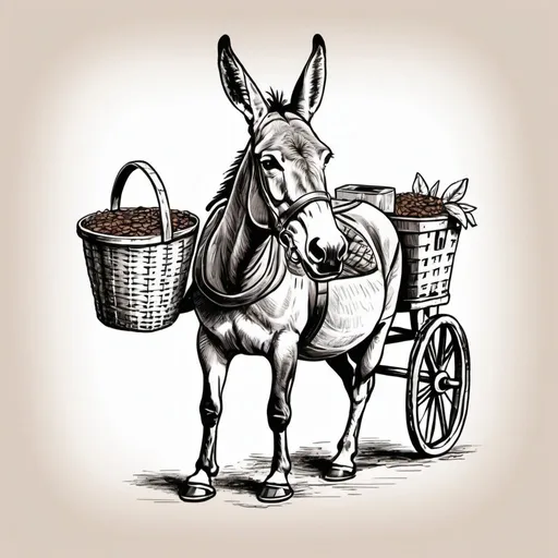 Prompt: Hand drawn sketch of mule with basket full of coffee on its back. vector illustration, high quality