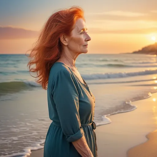 Prompt: ältere frau mit roten Haaren meer im Hintergrund