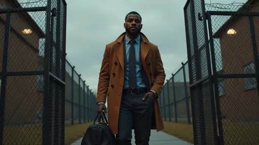 Prompt: @AMVpxN8br5aBPxbiHLe5 “Young Black man with duffel bag walking through open prison gates, chain-link fences, barbed wire, overcast sky, cinematic digital painting, gritty urban tone”