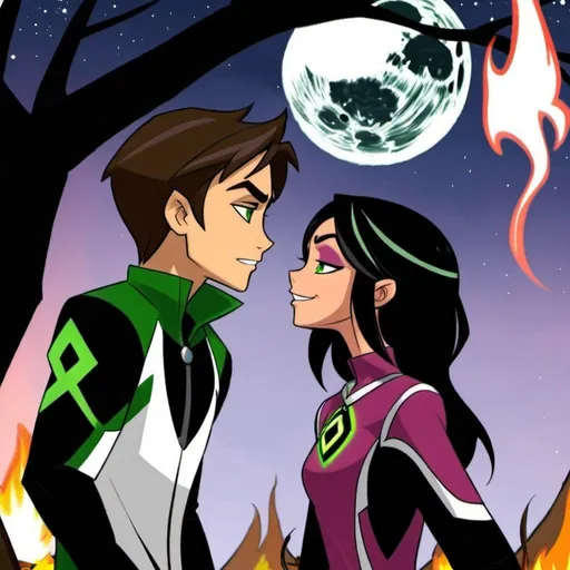 Prompt: Ben tennyson and charmcaster from ben 10 omniverse dances together araound a camp fire and under the sky in shiny night and then they kiss 